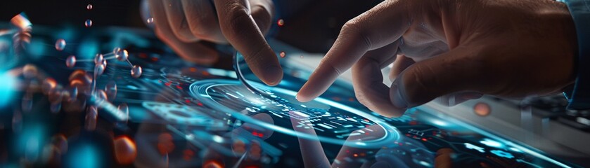 In a hightech environment, a closeup view of a consultants hand seamlessly interacting with a threedimensional holographic interface, precisely targeting a laptop symbol - obrazy, fototapety, plakaty