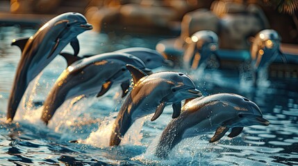 banner background National Dolphin Day theme, and wide copy space, A group of dolphins performing synchronized jumps in a marine park, for banner, UHD image - obrazy, fototapety, plakaty