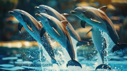 banner background National Dolphin Day theme, and wide copy space, A group of dolphins performing synchronized jumps in a marine park, for banner, UHD image  - obrazy, fototapety, plakaty