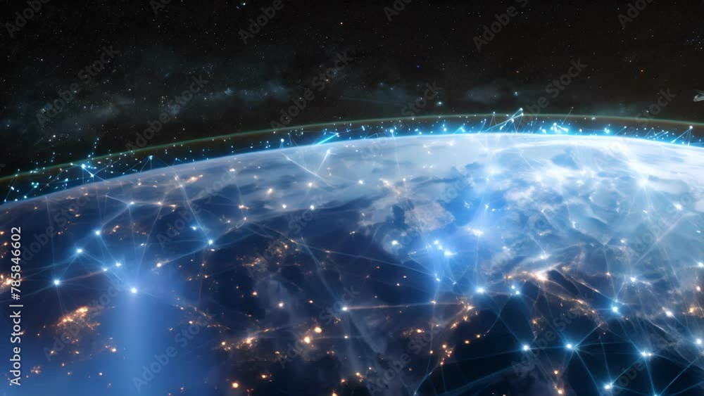 Poster planet with a network of lines connecting it to other planets. connections system and global datas e