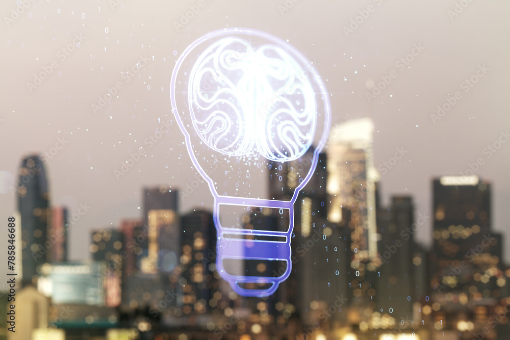 Poster abstract virtual creative light bulb with human brain hologram on blurry office buildings background