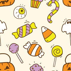 Halloween Trick or Treat candies seamless pattern, Hand drawn cute cartoon style.