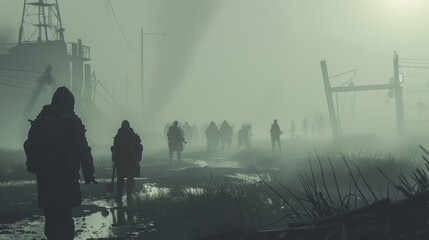 A group of shadowy figures ly visible in the dense fog boldly making their way through a dystopian wasteland. . .