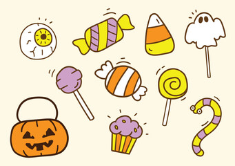 Collection of Halloween Trick or Treat hand drawn candies in cute cartoon style.