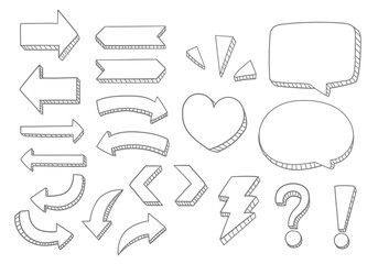 Vector set of hand drawn dimensional doodle including 
directional arrows, signs, symbols and speech bubbles.