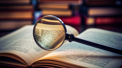 Magnifying glass over open book with blurred bookshelf background. Research and education concept. Design for academic poster, literacy banner. Close-up shot with selective focus - obrazy, fototapety, plakaty