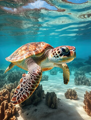 Obraz premium green sea turtle swimming under the sea. Green sea turtle approaching water surface. Turtles swimming in the clear sea surface with shallow coral reefs.