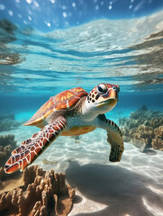 Obraz premium green sea turtle swimming under the sea. Green sea turtle approaching water surface. Turtles swimming in the clear sea surface with shallow coral reefs.