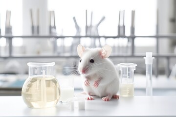 Close-up picture of a littlel white mouse on a laboratory table. AI generated image.