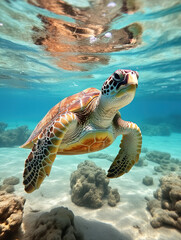 green sea turtle swimming under the sea. Green sea turtle approaching water surface. Turtles swimming in the clear sea surface with shallow coral reefs.