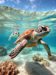 green sea turtle swimming under the sea. Green sea turtle approaching water surface. Turtles swimming in the clear sea surface with shallow coral reefs.