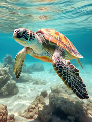 Fototapeta premium green sea turtle swimming under the sea. Green sea turtle approaching water surface. Turtles swimming in the clear sea surface with shallow coral reefs.