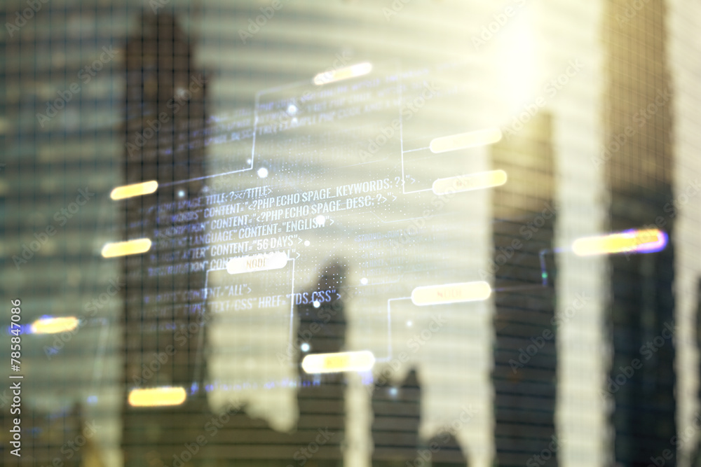 Poster abstract virtual coding concept on office buildings background. multiexposure