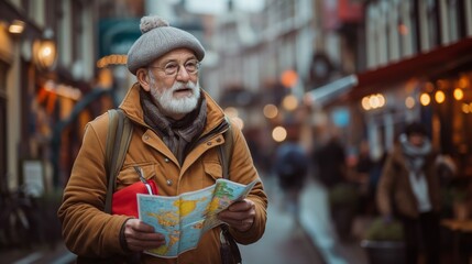 Senior man with a map on a city street at dusk, embodying the joy of travel and discovery, concept of adventure and urban exploration for the elderly