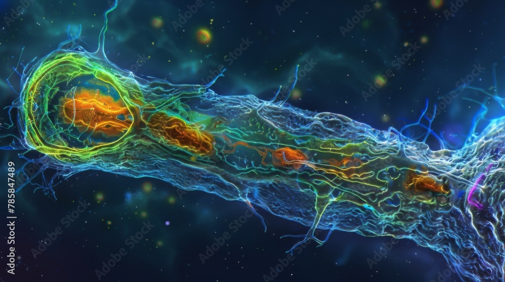 Poster a highresolution microscopy image of a single cardiac cell capturing its delicate structure and spec