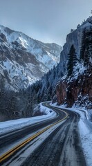 road winding mountains snow new mexico cold ice wet attractive advanced highway colorado empty steep cliffs valley