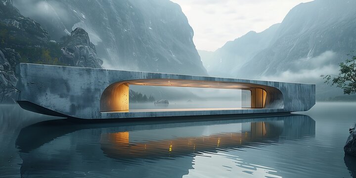 boat floating deep tunnel background austrian architecture physicality based vast serene landscape digest guardian lake concrete room stunning volumetric light fjords