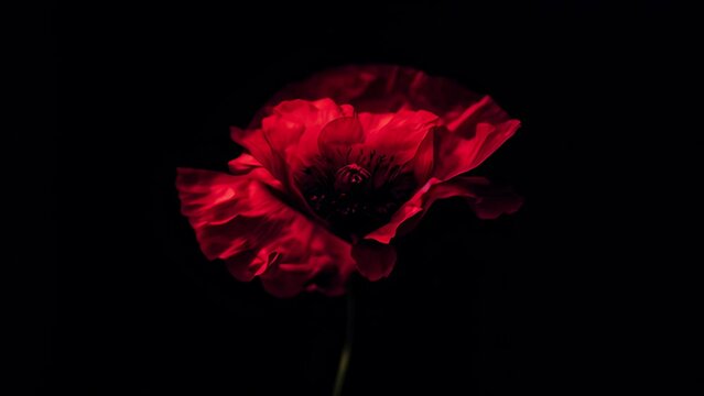 Red poppy flower on black background. Remembrance Day, Armistice Day, Anzac day symbol, floral, flora, blossom, closeup, garden, bloom, 