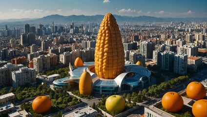 A futuristic city where buildings are shaped like fruits, such as a banana skyscraper and an orange dome, under a clear blue sky Generative AI - obrazy, fototapety, plakaty