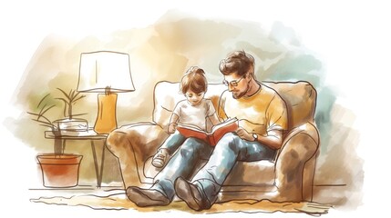 Father reading story to daughter at home, illustrating family bonding and education, concept of parenting and literacy