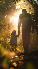 man little girl walking forest sun parents watching masculinity spring evening