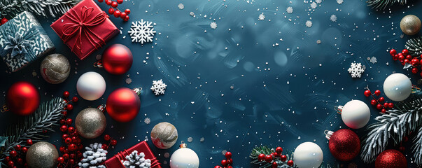 Christmas background with snow and decorations, gifts, tree balls and garland. Created with Ai