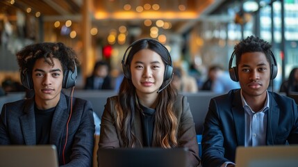 Multicultural group of young professionals with headphones using laptops, concept of teamwork and digital communication