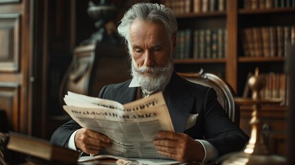 Elderly gentleman engrossed in newspaper in classic library, concept of lifelong learning and keeping informed in senior years