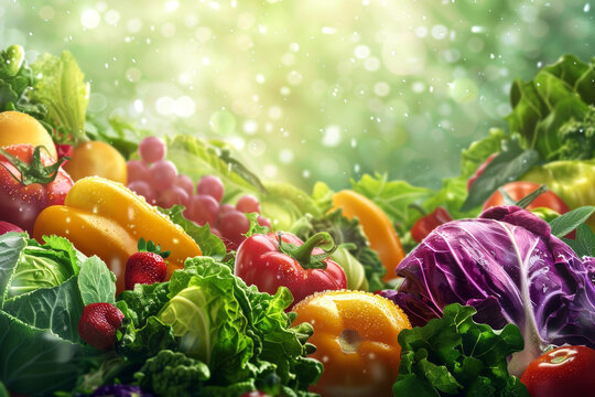 vegetarian border of fresh wet vegetables and fruits against a shining green bokeh background. healthy and vitamin nutrition