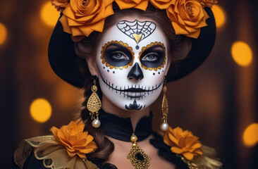 Stunning Mexican woman celebrates Dia de los Muertos with elaborate makeup, adorned with flowers and a skull