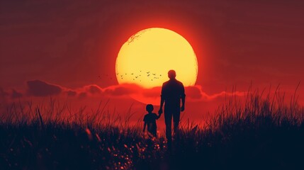 Fototapeta premium Silhouetted father and child against a giant setting sun, concept of family bonding and childhood memories