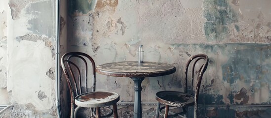 Mismatched chairs and a wooden table are placed in a worn-out room with peeling paint on the walls