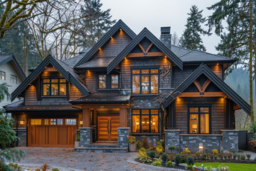 a photo of large luxury log house in the pacific northwest, stone and wood details, dark grey shingle style architecture, traditional composition, gable roof with black trim, two story