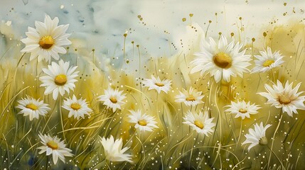 field daisies sky background silver white gold radiate connection destroyed nature madness mono yellow petal fleury incredible oil - obrazy, fototapety, plakaty