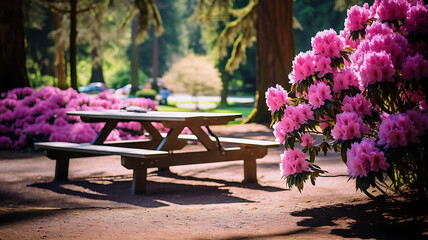 Wooden table and chairs in the park with pink rhododendron flowers