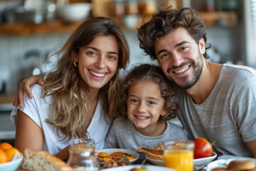 A cheerful family enjoys a hearty breakfast together, sharing joy and laughter in a bright kitchen.