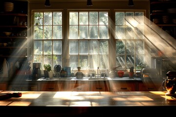 Early morning light streams through a kitchen window, illuminating a cozy homely scene.
