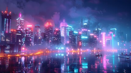 Obraz premium Glittering Neon Metropolis of Mythical Entrepreneurs in a Futuristic Fantasy City Landscape