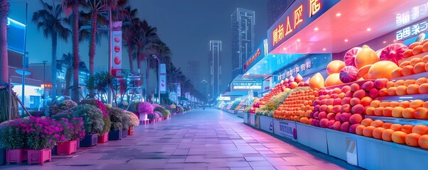 Neon Lit Futuristic City Street Transformed into an Open Air Art Gallery with Fruit Inspired Sculptural Installations - obrazy, fototapety, plakaty