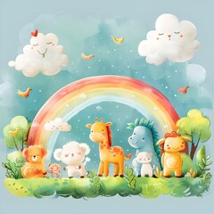 Adorable Fluffy Animals Prancing Under Colorful Pastel Rainbow in Serene Whimsical Landscape