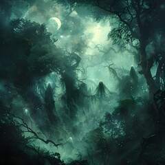 Ethereal Spirits Weaving Magical Enchantments in Moonlit Enchanted Forest Glade - obrazy, fototapety, plakaty