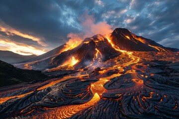 Erupting volcano with streams of molten lava