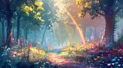 Obraz na płótnie Canvas Enchanting Anime Inspired Forest Landscape with Vibrant Rainbows Whimsical Flora and Misty Atmosphere