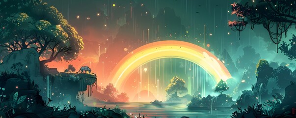 Enchanting Ethereal Landscape with Mythical Creatures Beneath a Glowing Rainbow Bridge