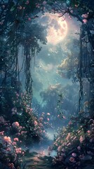 Fototapeta na wymiar Enchanted Moonlit Garden Whispers Secrets Among Mystical Blooms in Soft Pastel Tones