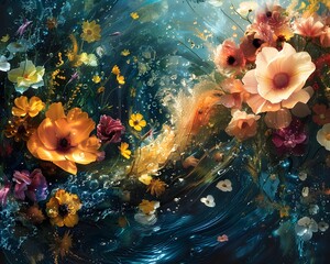Floral Torrent A Chaotic Convergence of Blooms and Water in Vibrant Motion - obrazy, fototapety, plakaty
