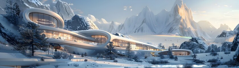 Futuristic Mountain Lodge Blending Nature and Luxury for Business Relaxation Retreat - obrazy, fototapety, plakaty