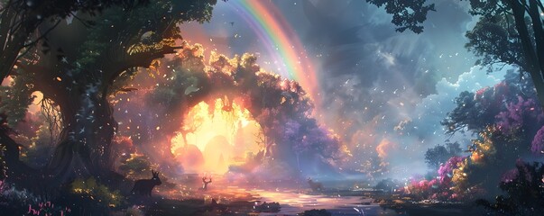 Ethereal Burst of Light Reveals Enchanted Mythical Creatures Under a Rainbow Bridge in a Dark Mystical Forest Landscape