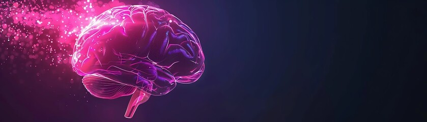 Neon pink brain on dark backdrop, lateral view, high contrast, simple frame - obrazy, fototapety, plakaty