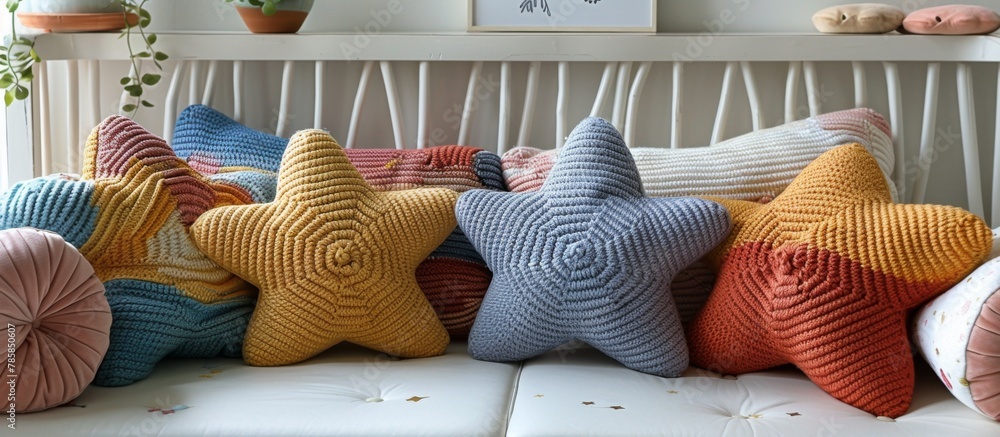 Poster detail shot of a comfortable sofa adorned with an array of soft cushions, creating a cozy atmosphere